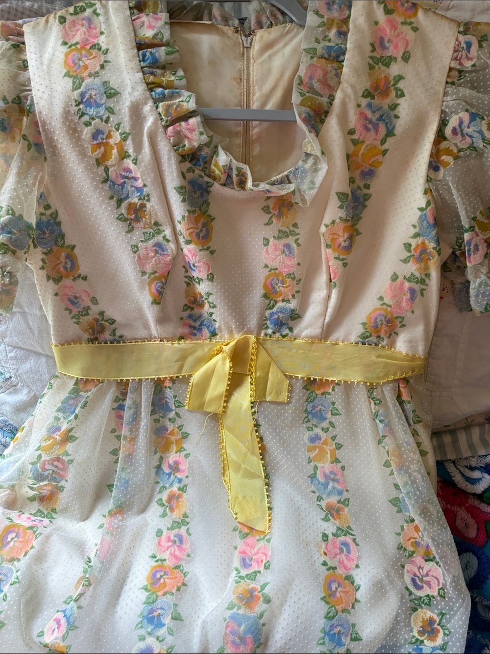 Vintage 1970’s Floral Ruffle Maxi Dress with Yellow Waist Tie *Stunning*
